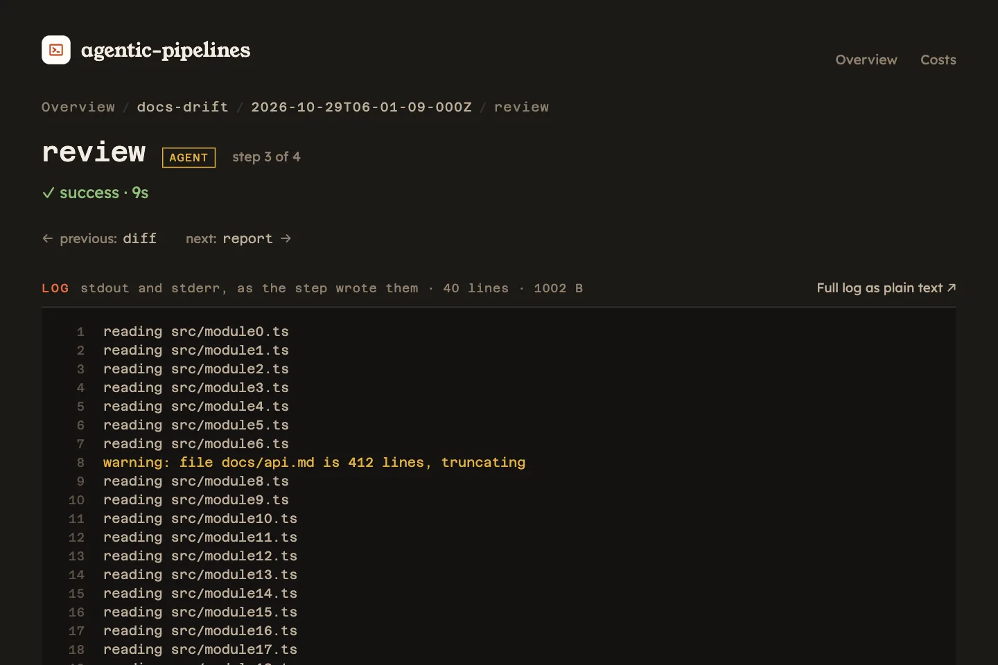 The log page of the review step: the title 'review' with an AGENT chip and 'step 3 of 4', the status 'success · 13s', links to the previous step, diff, and the next one, report, and 'Full log as plain text' on the right. Below, the log with numbered lines; line 8, a warning, is in amber and line 23, an error, in red.